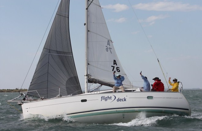 Jubilant at the finish, the team from Flight Deck with Michael Schmidt on the helm - Ensign Yacht QLD French Yacht Challenge and Beneteau Cup 2012 © Tracey Johnstone